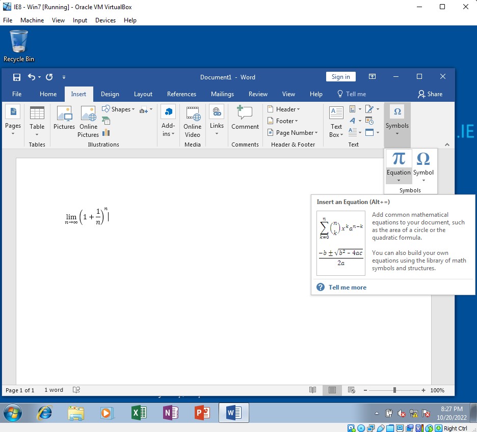 Equation Editor on Microsoft Word 2016